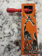 Vintage Kirchhof Halloween Tin Litho Noisemaker Wooden Handle Black Cats LOOK