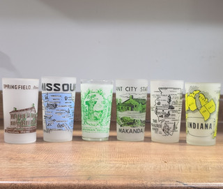 Set of 6 Frosted Souvenir Tumblers Decorated Novelty Topographical Glasses