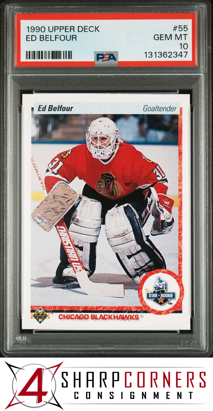 1990 UPPER DECK #55 ED BELFOUR RC BLACKHAWKS HOF PSA 10