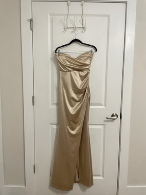 Windsor Women's Gold Solid Strapless Ruched Satin Long Gown Dress Size M