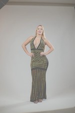 Black Gold Rhinestone Halter Maxi Dress Bodycon Evening Gown EUC