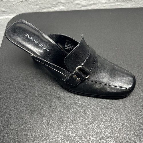 Vintage Worthington Black Leather Slip-on Mules Women's Size 6 1/2 - Picture 2 of 12