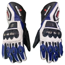 Suzuki Motorbike Racing Leather Gloves Blue Black White Protective Biker Gear