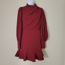 Express Maroon Sz S Elegant Long Sleeve Dress Pleated Mock Neck Button Cuff