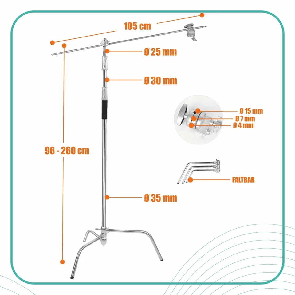pixly® Stainless Steel Boom Tripod; Adjustable Professional C-Tripod with Boom Arm - Image 4 of 4