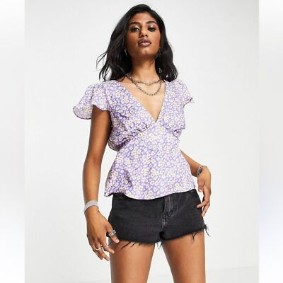 TOPSHOP Purple and White Flower Low Cut Blouse NWT size US 6