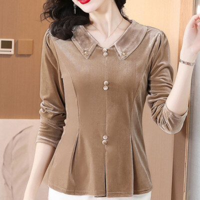 Lady Velvet Peplum Tops Shirt Blouse Causel Frill Long Sleeve T-shirt Slim Basic