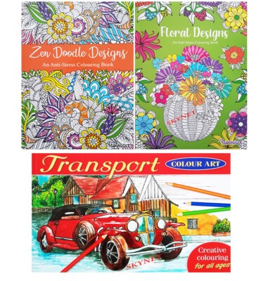 3 x Anti-Stress Colouring Books For Adults Teens  Floral Zen Transport Book