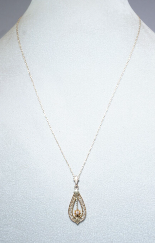 VICTORIAN 14K Yellow + Green Gold Filigree Natural Diamond 16" Chain Necklace - Picture 5 of 9