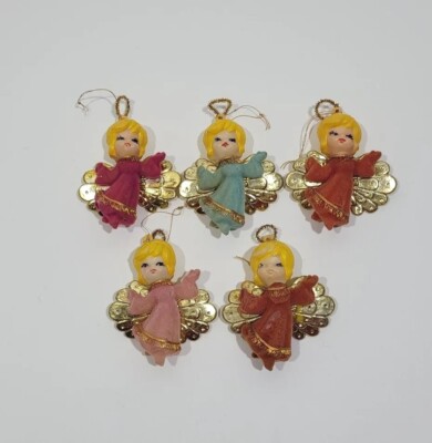 Lot of 5 Vintage Small Pink Mauve Blue Flocked Pixie Angel Elf 4'' Tall