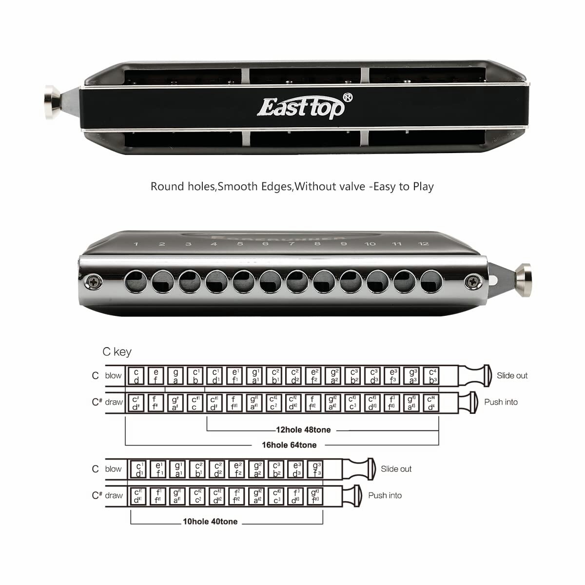 East Top Upgrade Chromatic Harmonica Key C, 12 Hole Produktbild-Vorschau 3