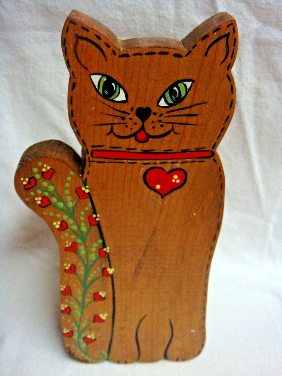 Handcrafted WOODEN CAT Signed John & Linda Wagner of