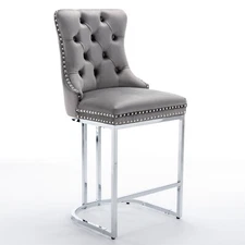 2PCS 26"H Counter Height Bar Stools Velvet Barstools Dining Chairs W/Button Gray