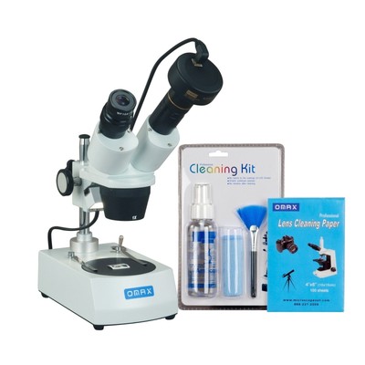 OMAX 10X-30X Dual Light Binocular Stereo Microscope+1.3MP Camera+Cleaning Pack