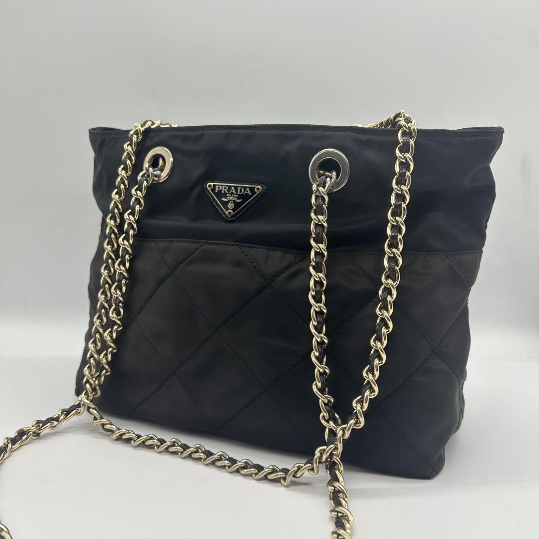 Prada Black Nylon Quilted Chain Shoulder Bag with Logo Plaque