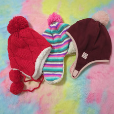 Mixed Lot Beanie Hats Winter Girls Medium Knit Fleece Poms Lot Of 3