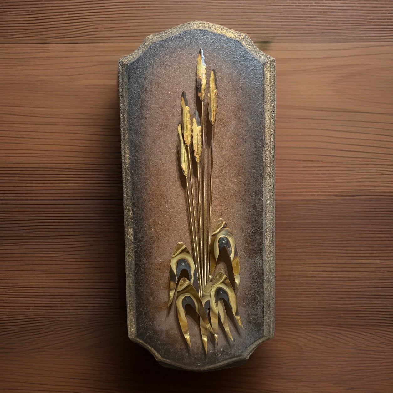 Mid Century Copper Brass Wheat 3D Metal/MDF Wall Decor 17 3/4" X 8"