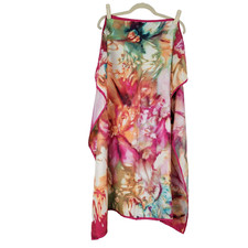 Vibrant Watercolor Wash Abstract Floral Print Silk Square Scarf 38" Pink Multi