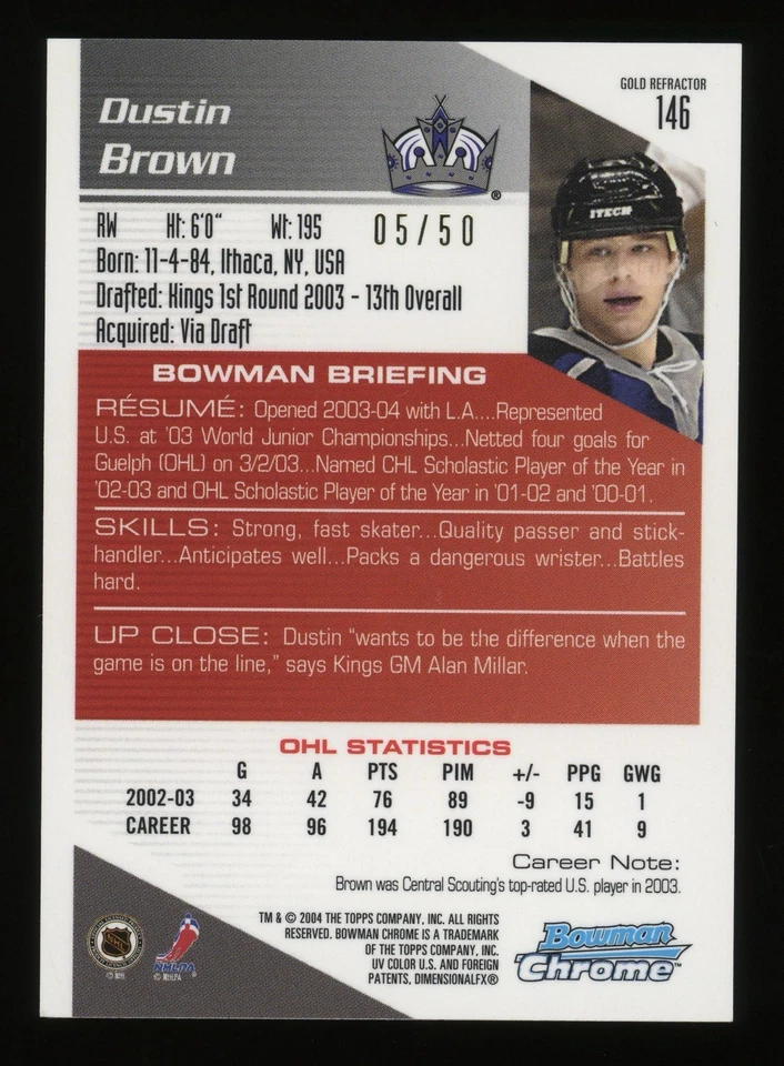 2003-04 Bowman cromo Dustin marrón oro refractor novato/50 #146 Foto 2 de 2