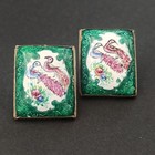 Vintage Persian Earrings Hand Painted Enamel Green Birds Peacock Folk Art Studs