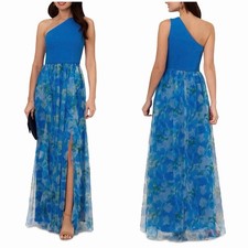Adrianna Papell Womens Blue Sweetpea One Shoulder Ruffled Long Gown Dress 4