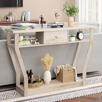 47'' Narrow Console Table with Drawer, 3-Tier Wooden Entryway Accent w