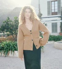 NWT. H M Premium Selection Long Sleeve Dark Beige Wool Heavy Knit Cardigan. Med