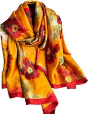 Elegant Silk Scarf Shawl For Women Lightweight Floral Satin Scarf Trendy Orange