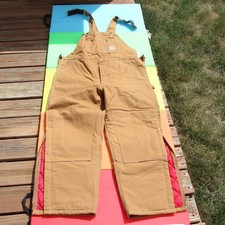Carhartt R02 BRN Bib Overalls Red Quilt Lined USA Made 44x30 Double Knee