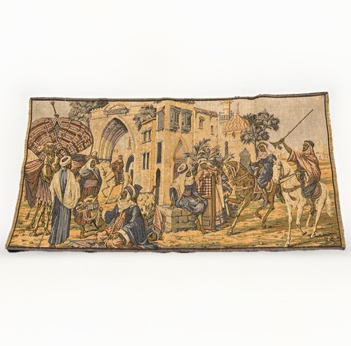 ANTIQUE WALL HANGING ORIENTALIST ARAB SCENE CAMEL TAPESTRY MARKET SCENE 37.5"