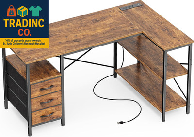 L Shaped Office Desk with Power Outlets, 47 Inch Computer Desk with 3 Drawers, S