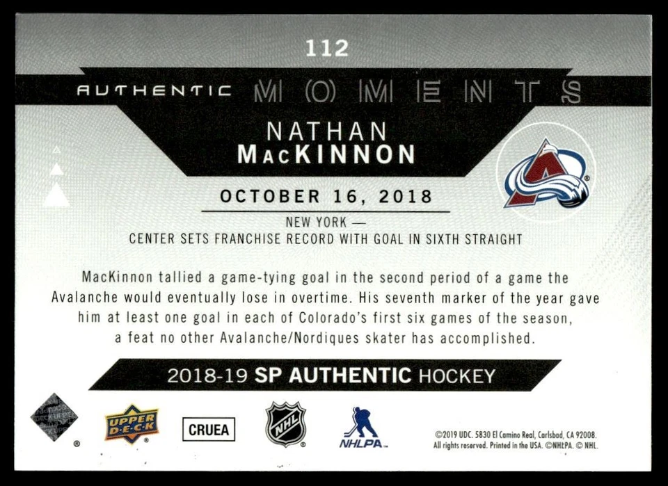 2018-19 SP AUTHENTIC MOMENTS Nathan MacKinnon Colorado Avalanche #112 - Image 2 of 2