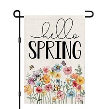 Hello Spring Floral Garden Flag 12x18 Inch Double Sided Burlap Outside, Flowe...