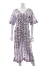 Ganni Checked Seersucker Ruched Midi Dress / Purple