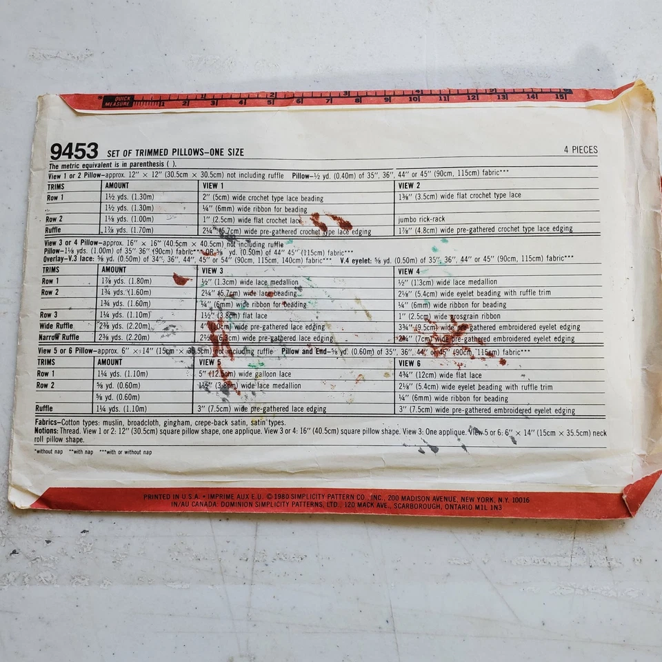 Vtg Simplicity 9453 Pillows Square Roll Trimmed Ruffle 16X16 12X12 6X14 CUT 1980 - Image 3 of 4