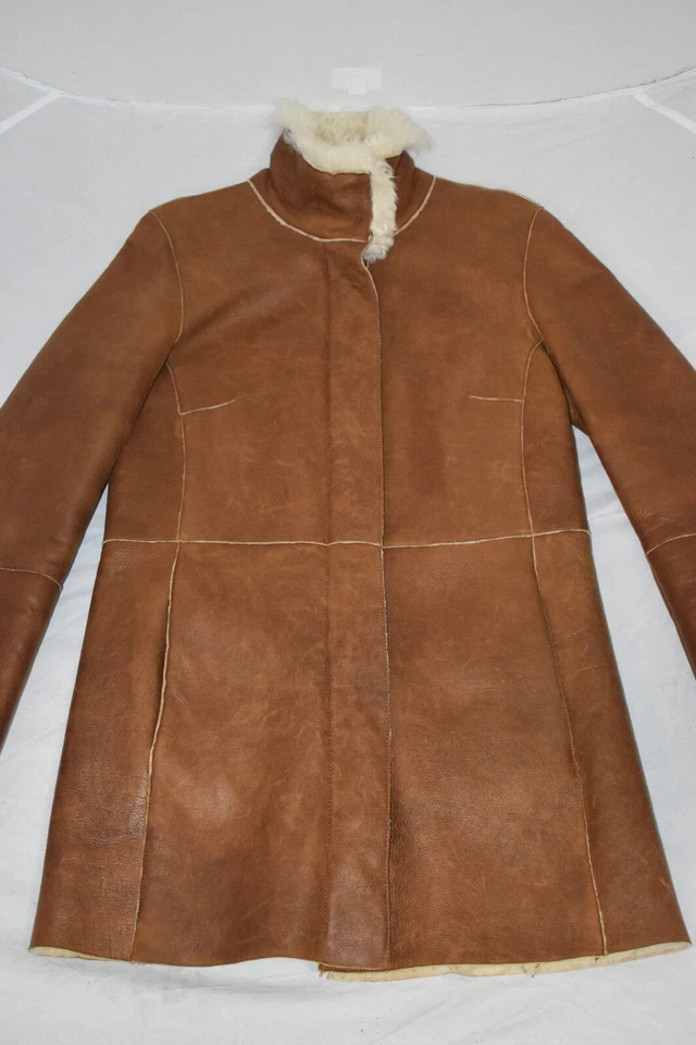 Burberry Brown Leather Zip Sheepskin Shearling Jacket Trench Coat Womens UK8 US6 - Image 2 of 4
