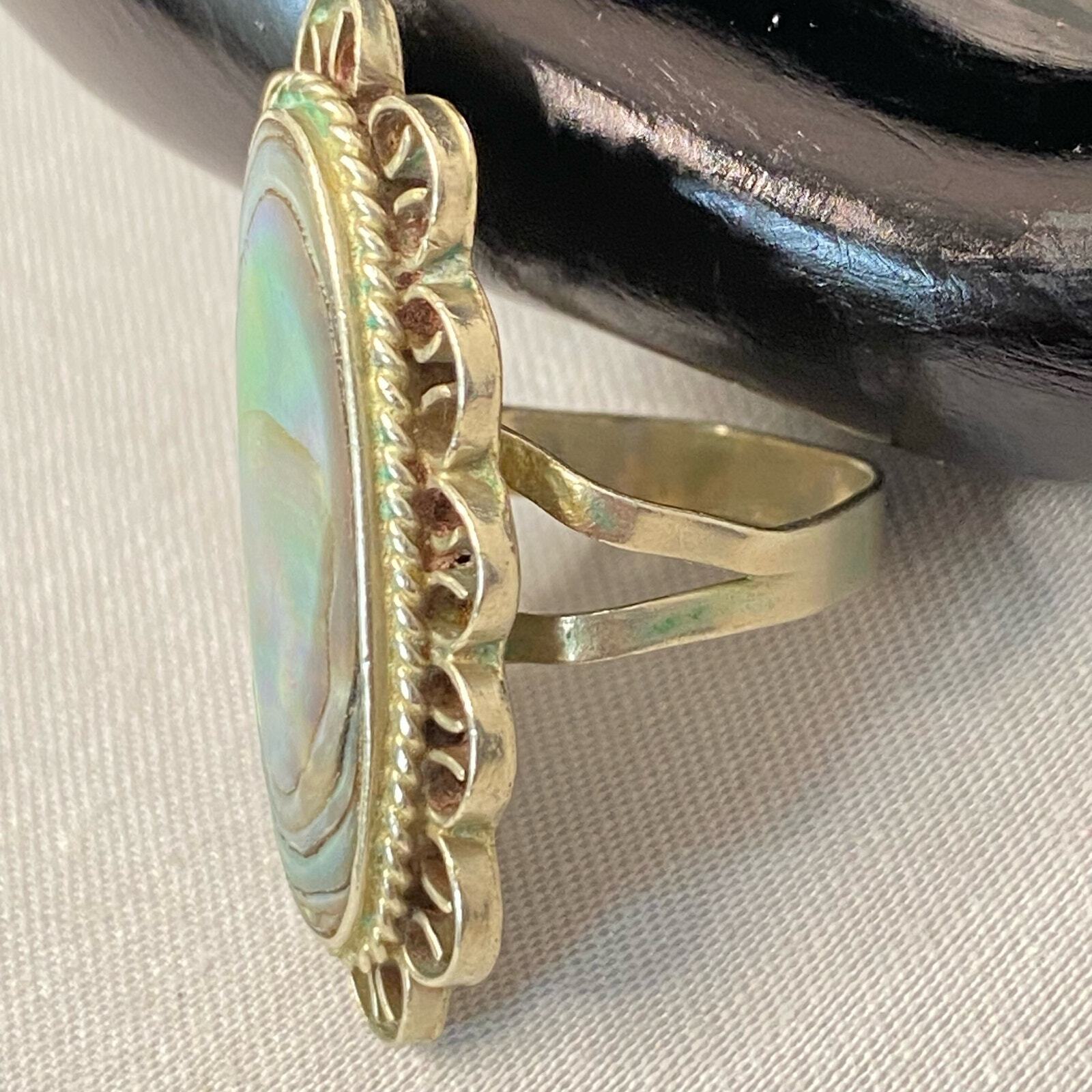 Mexico Silver Ring Long Oval Abalone Shell Stone … - image 4