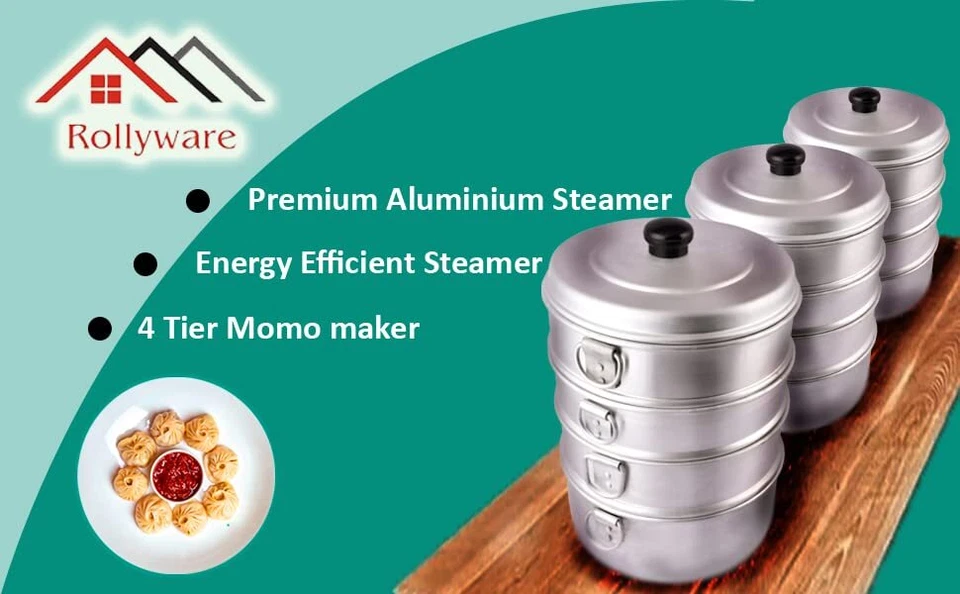 4-Tier Aluminium Full Size Momos Steamer (5 Ltr, Silver) with Handles, Durable - Image 2 of 4