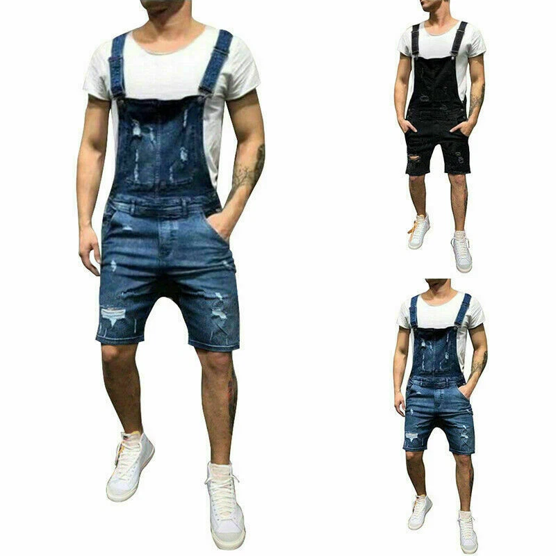 Herren Latzhose Shorts Knielange Ripped Denim Overall Jumpsuit kurz TrägerhoseFN - Bild 4 von 4