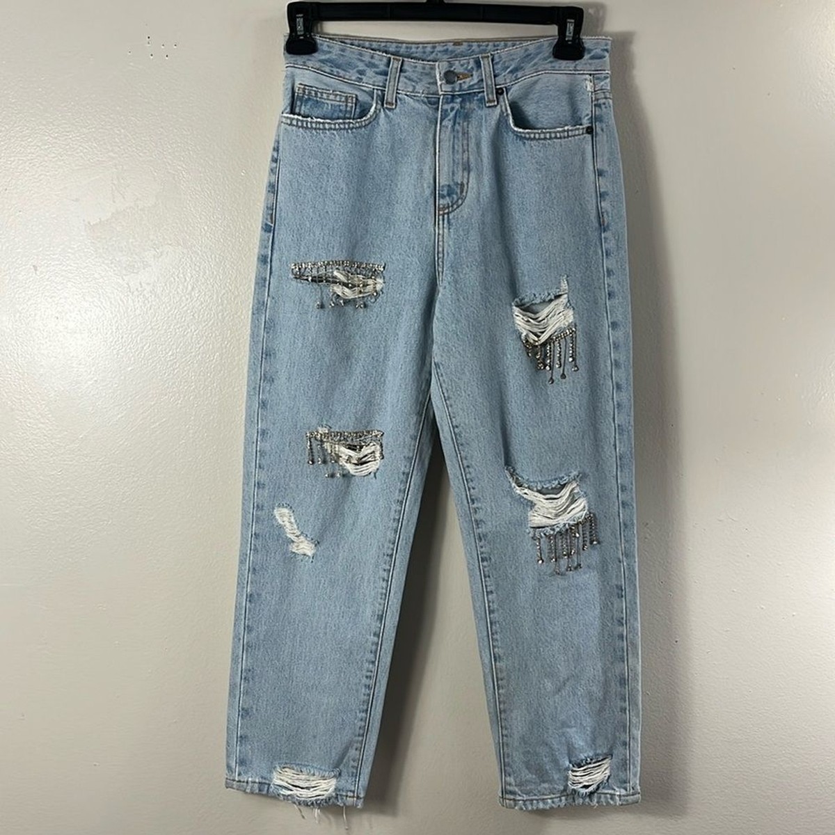 Carmar Distressed high rise blue Jean Long pant with rhinestones women’s  Size 26