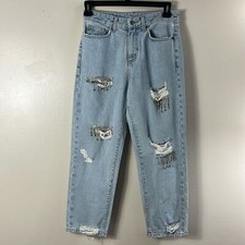 Carmar Distressed high rise blue Jean Long pant with rhinestones women s Size 26