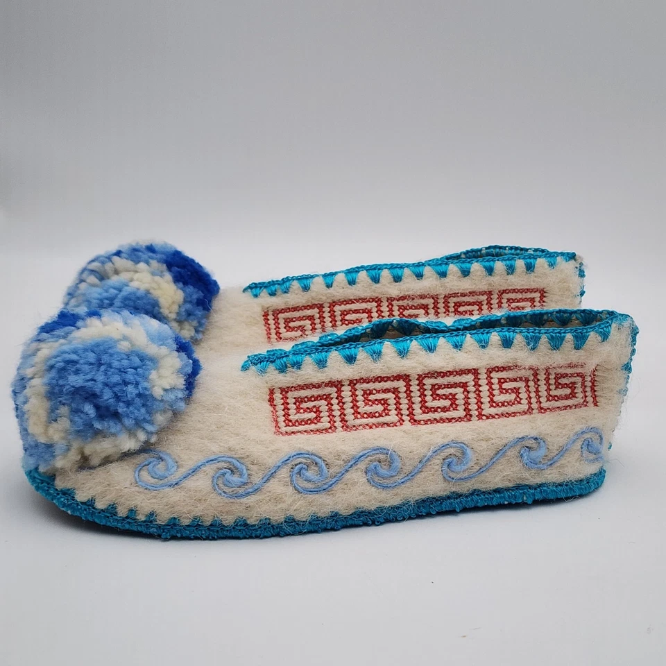 Zapatillas de lana griega para niños Minas suela de cuero 9,5" de largo EE. UU. 3,5 UK 3 Foto 4 de 4