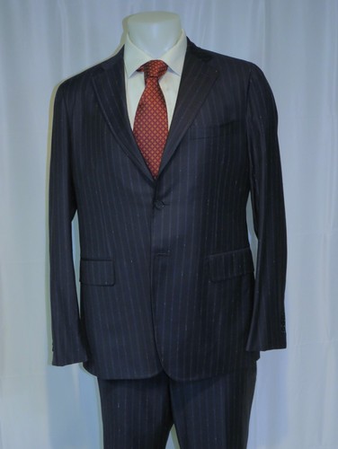 Isaia Super 140 Timeless Dotted Navy Blue Striped Current Two Button Suit 44L - Picture 3 of 19