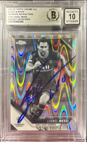 LIONEL MESSI -  21/22 TOPPS CHROME UCL B&W RAYWAVE - BGS 10 AUTO  WITNESS / A103