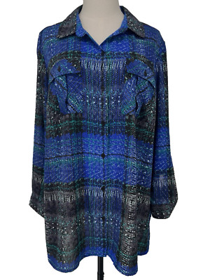 NWT Slim Factor Women's 2X Button-Up Roll Tab Shirt Pockets Blue Tunic