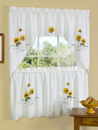 sunflower embroidered kitchen curtain set EMBELLISHED TIER & SWAG SET sunshine   - Afbeelding 1 van 1