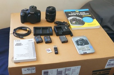 Canon EOS 2000D Rebel T7 DSLR 18-55mm Lens + 3 Batteries 32GB Card Bundle + more