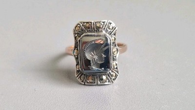 Antiker Ring 9 kt Rotgold & Silber Markasiten Hämatit INTAGLIO Zenturion Größe J
