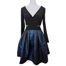 XSCAPE Blue Lurex V-Neck Fit and Flare Mesh Inset Dress Size 6