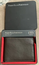 Perry Ellis Portfolio Men's Super Slimfold Bi-Fold Wallet Brown Leather NEW